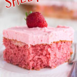 A square of cake with a strawberry on top and title text overlay for pinning to Pinterest.