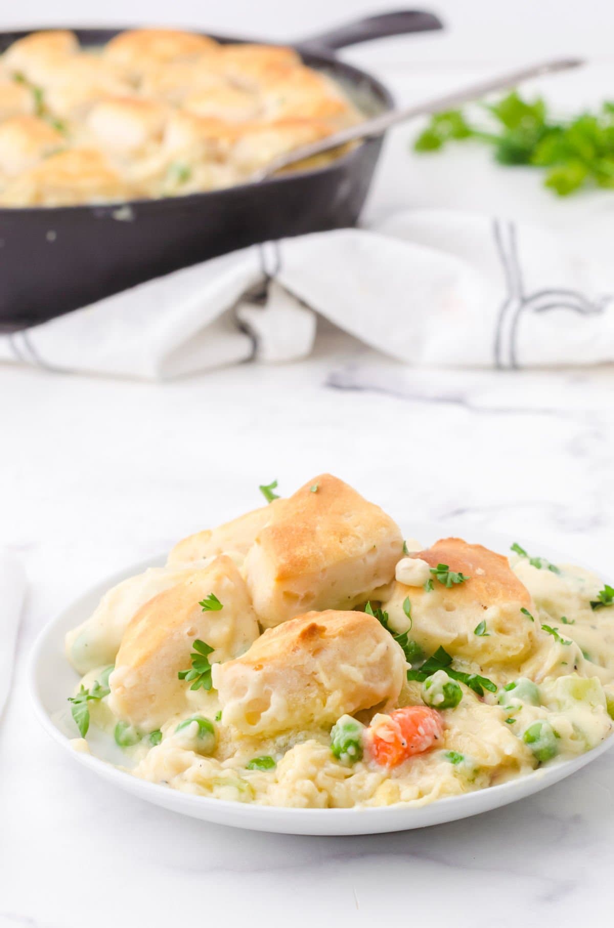 A white plate filled with pot pie.