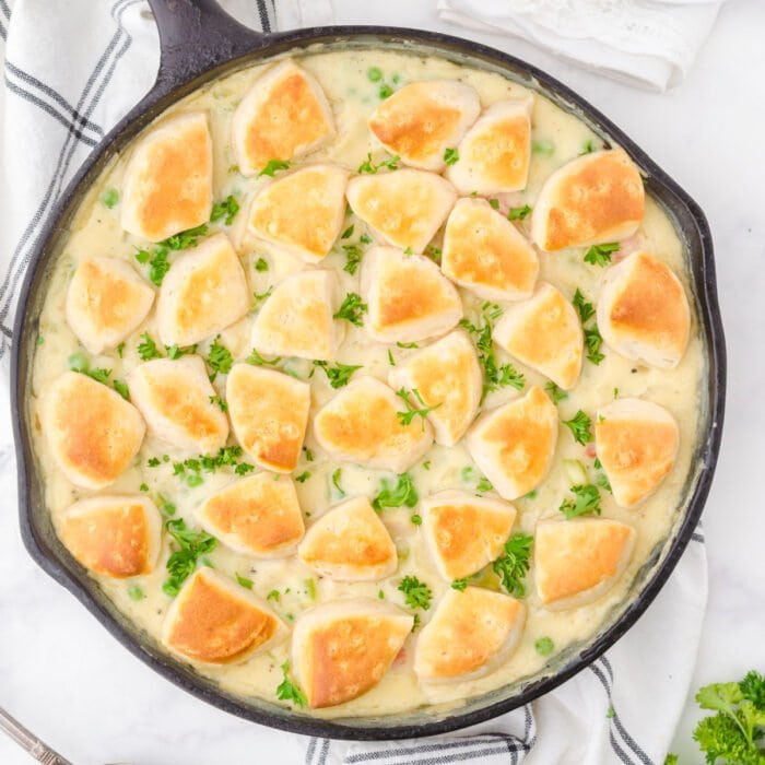 Overhead view of iron skillet filled with chicken pot pie.