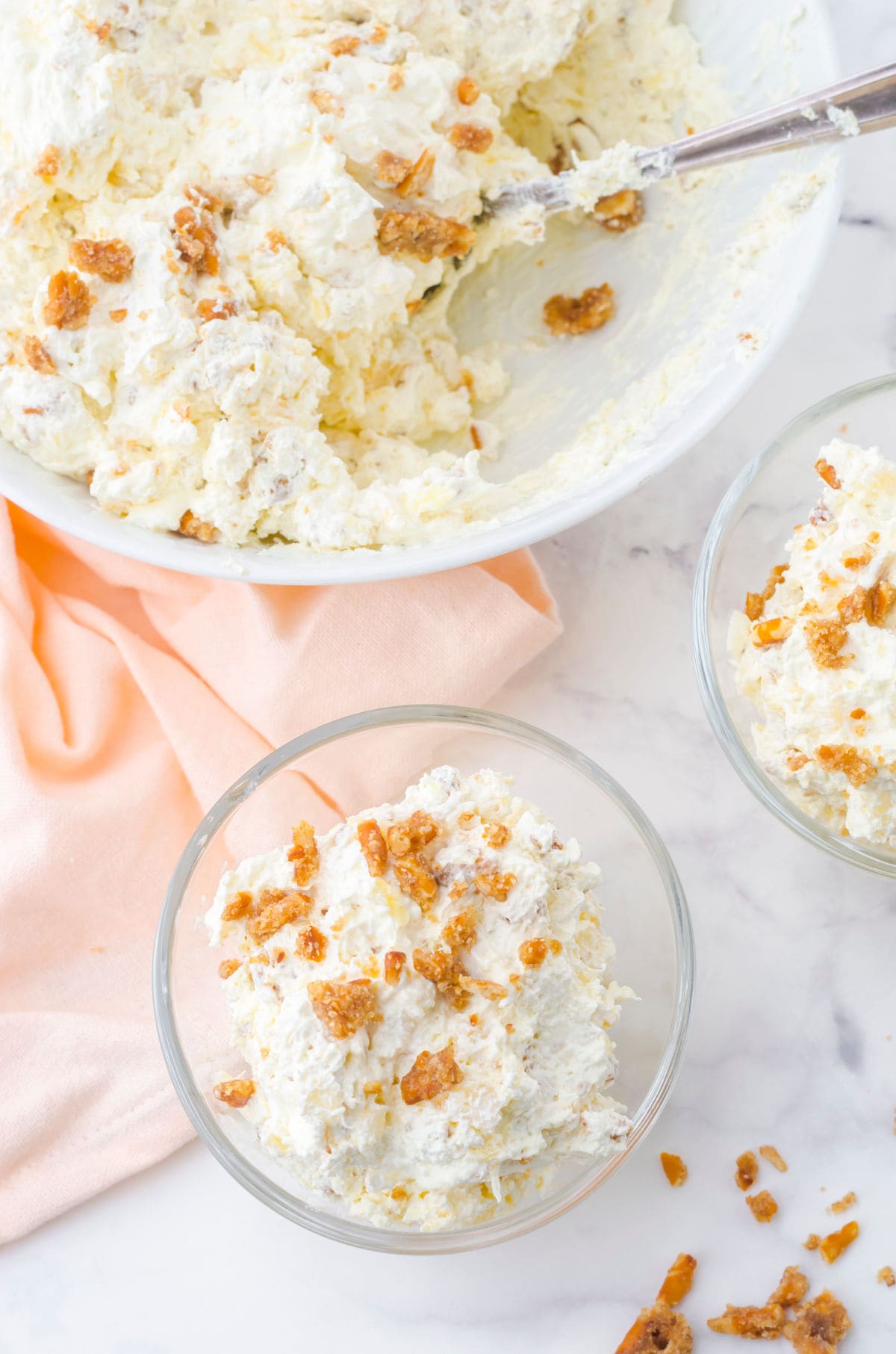 Overhead view of the pineapple fluff in serving bowls.