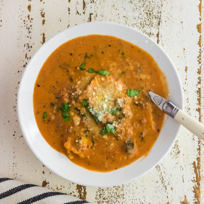 Overhead view of soup in a bowl.