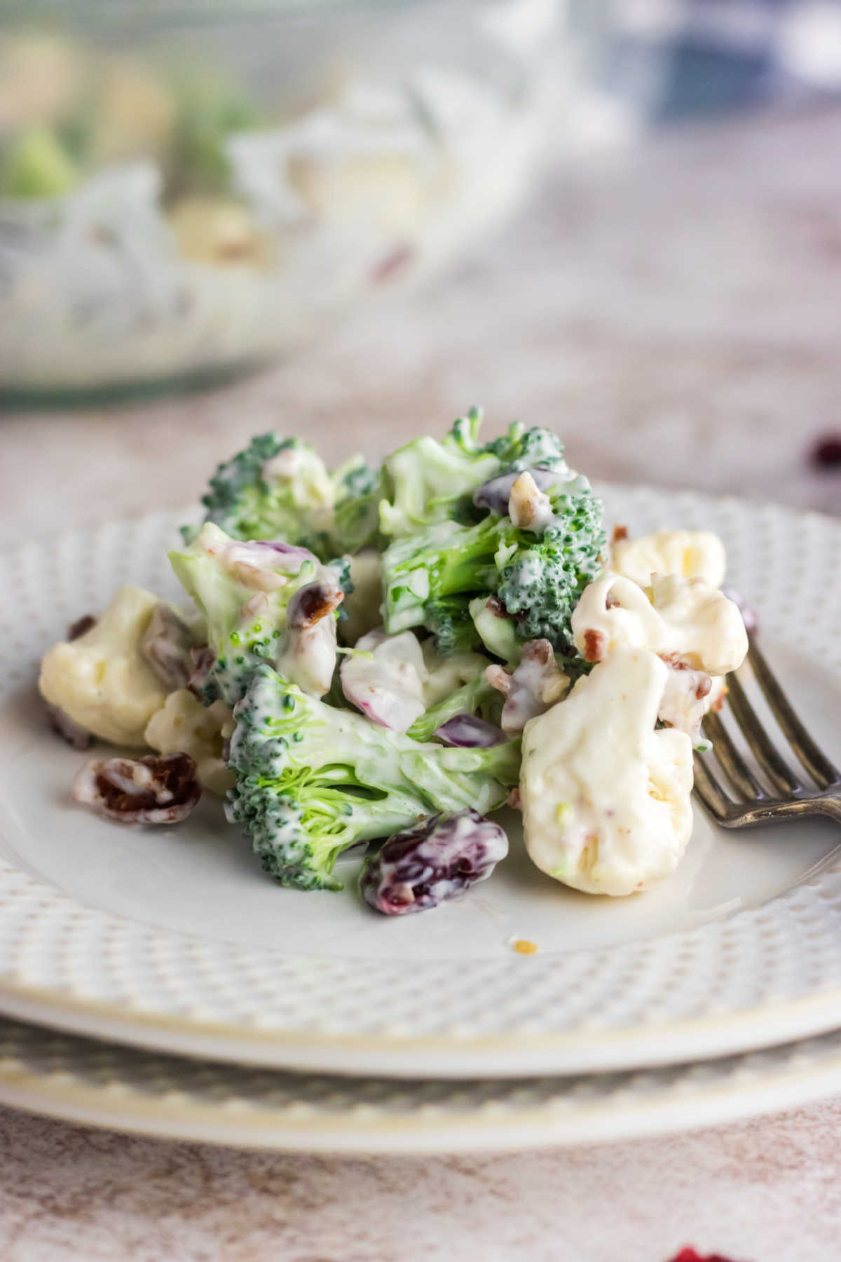 Closeup view of the salad showing the creamy dressing.