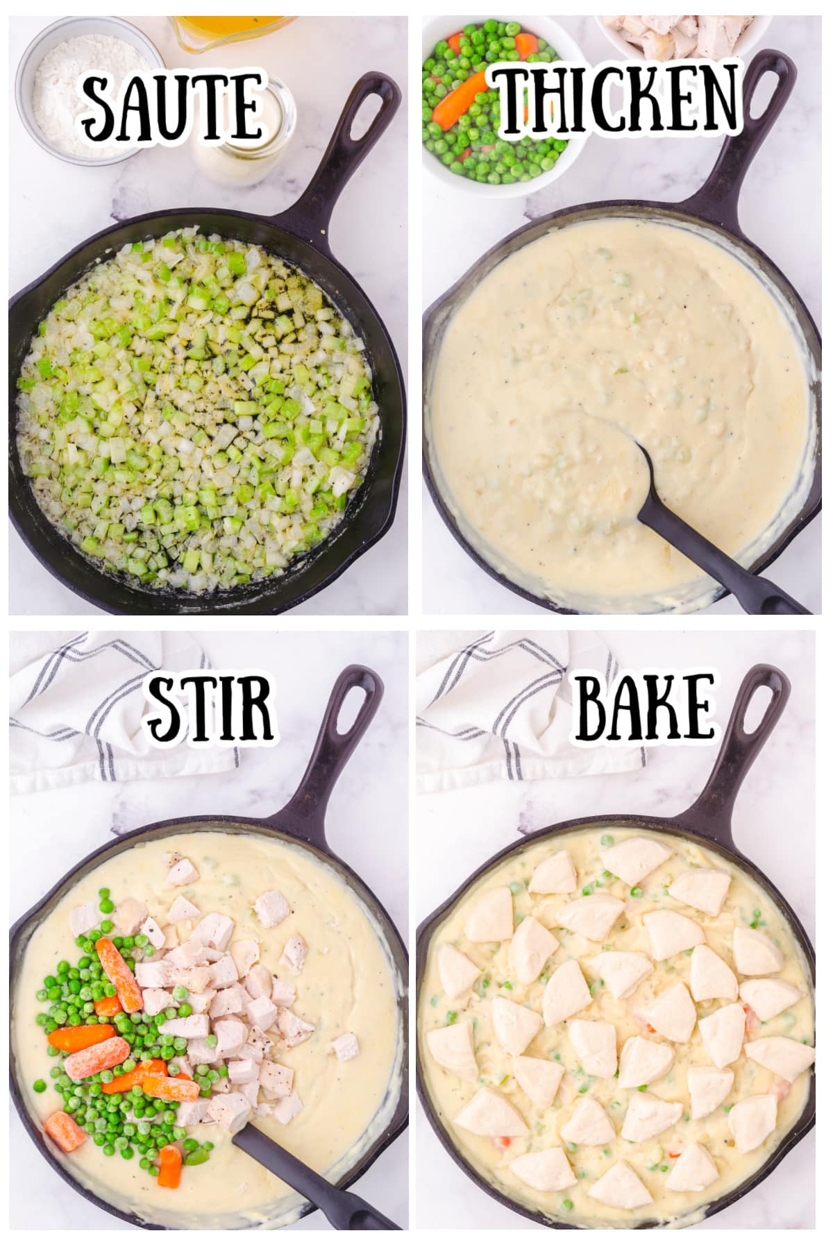 Steps for making chicken pot pie.