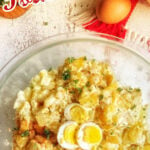 Overhead view of a bowl of potato salad with text overlay for Pinterest.