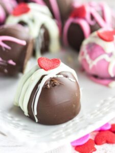 Closeup of decorated truffles.