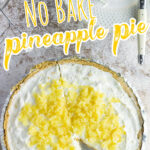 Overhead view of a pie with a slice removed and a text overlay for Pinterest.