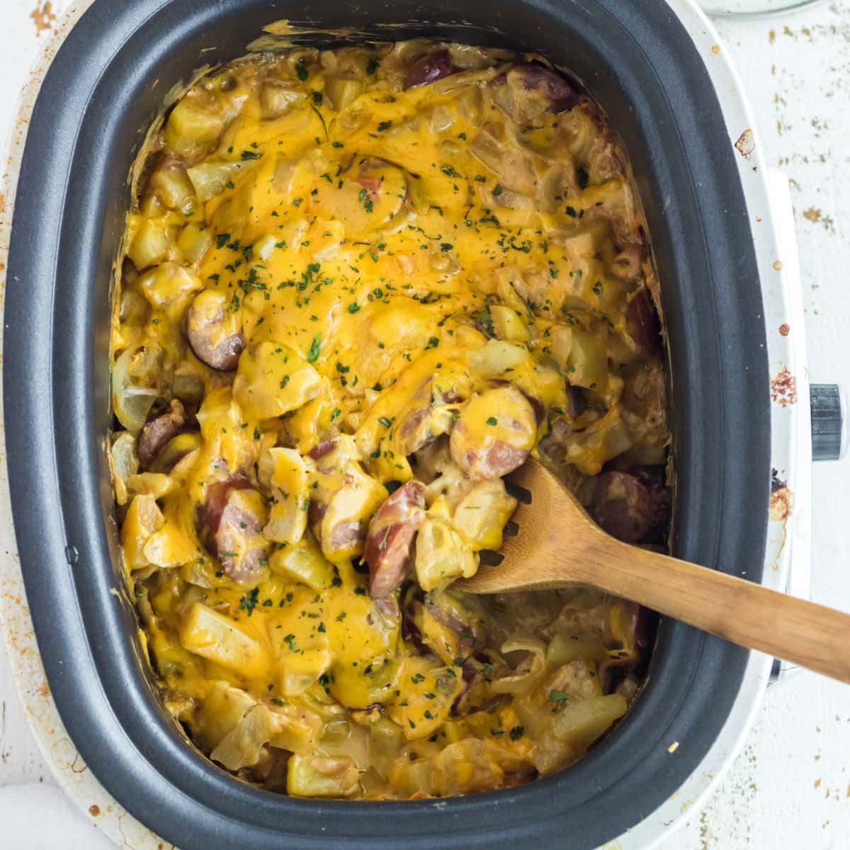 Overhead view of the interior of the slow cooker with the finished recipe inside.