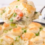 Serving of pot pie with text overlay for Pinterest.