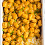 Overhead view of casserole with text overlay for Pinterest.