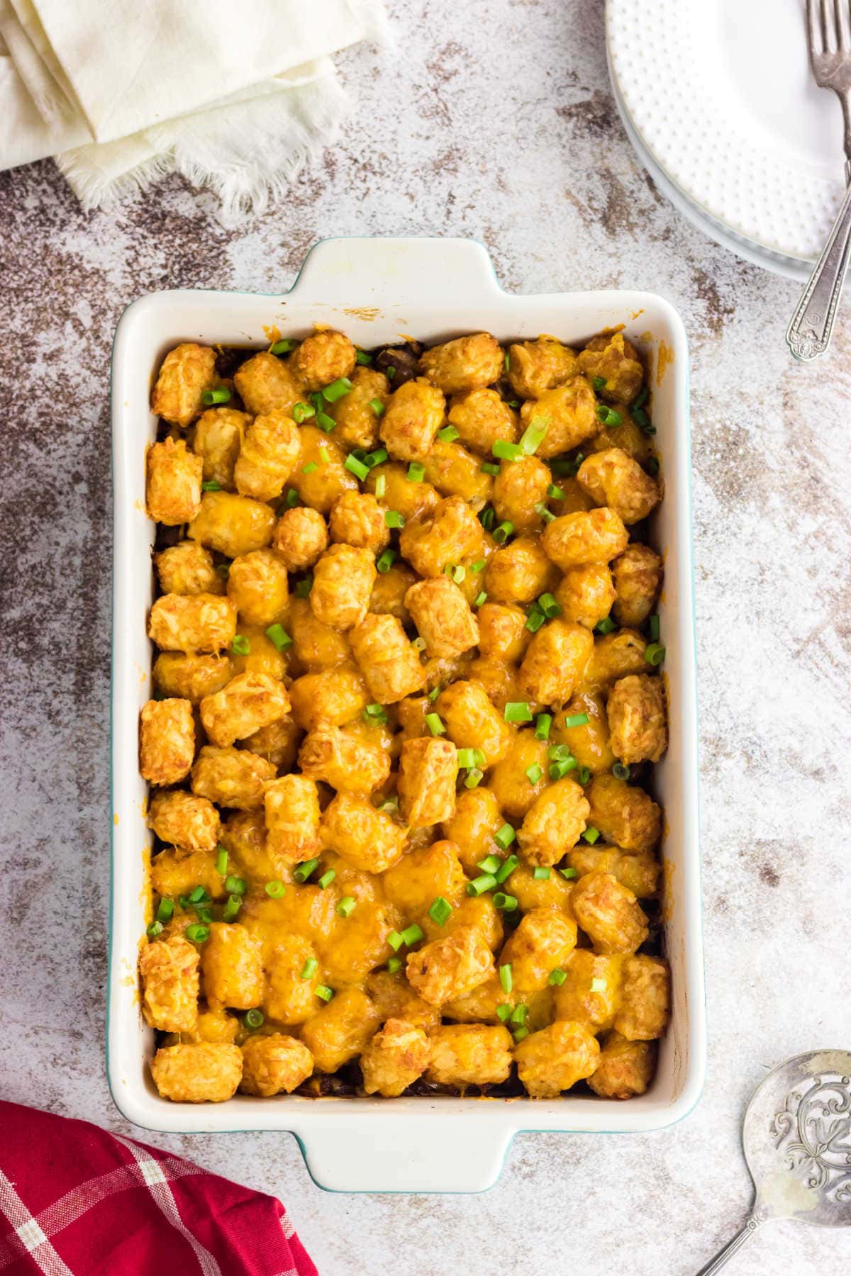 Overhead view of casserole showing the crispy Tater Tot topping.