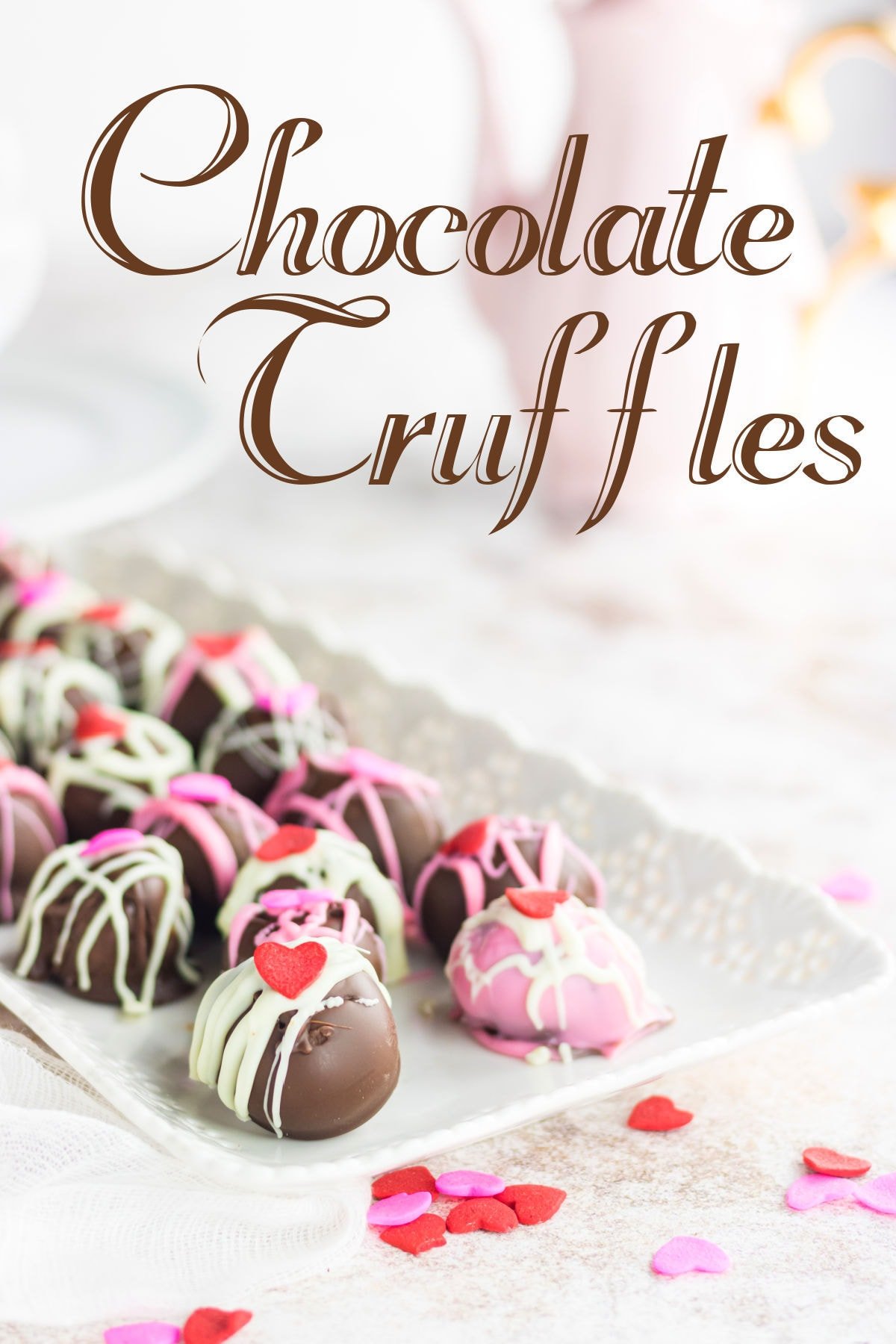Chocolate truffles on a white tray with title text overlay.