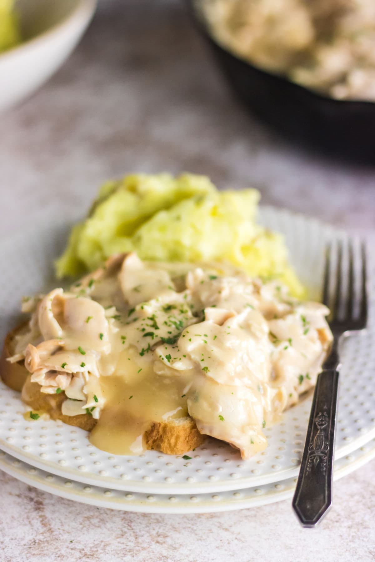 Close up of an open faced turkey sandwich showing the creamy gravy.