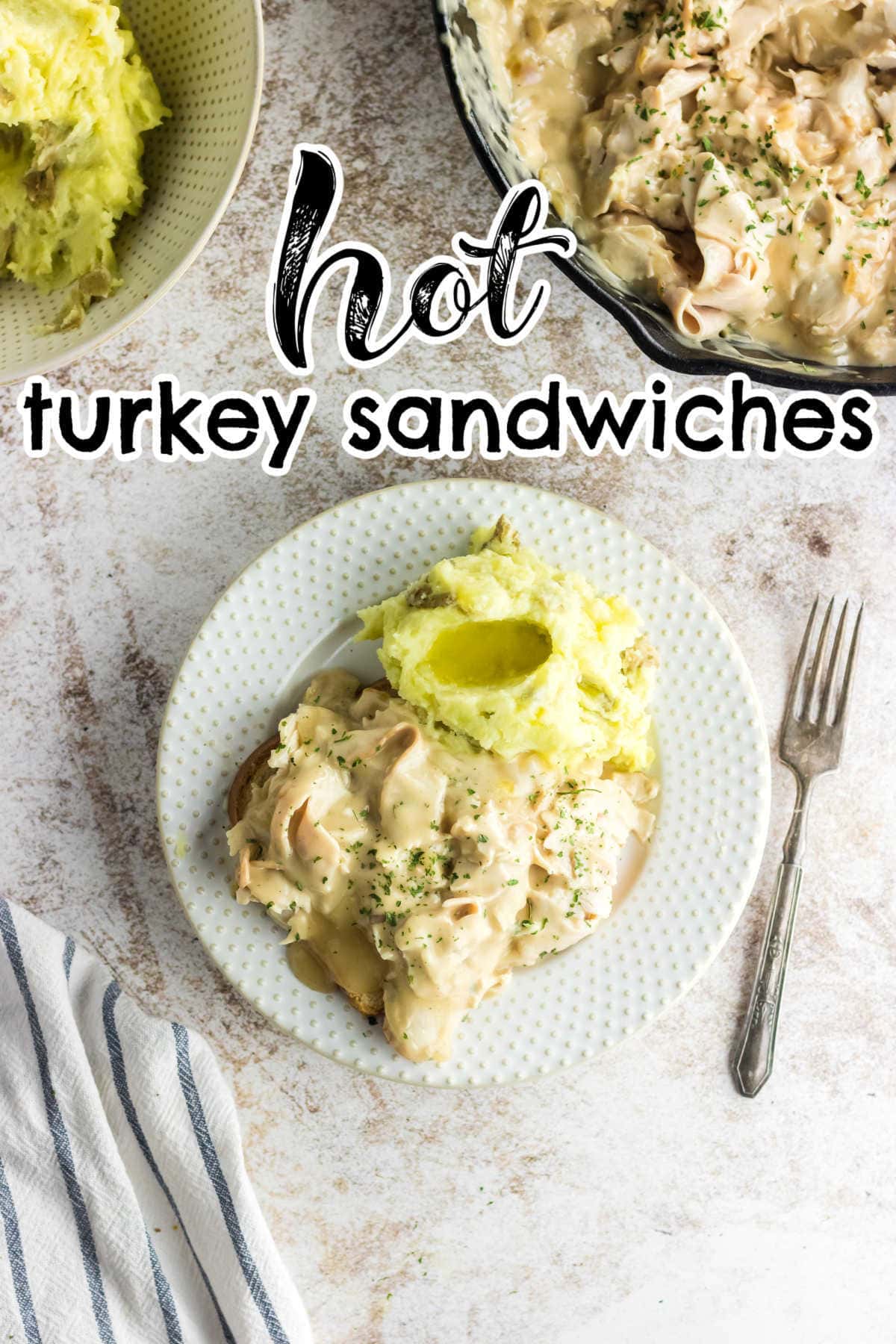 Turkey and gravy sandwich on a plate with title text overlay.
