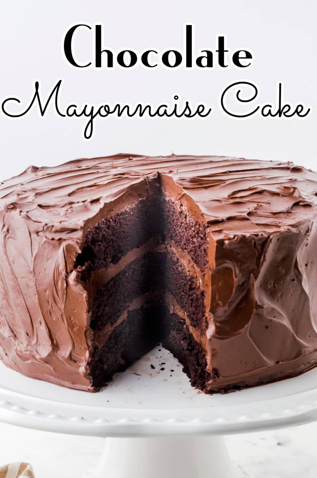 Chocolate cake with slice removed to show layers. Title text overlay.
