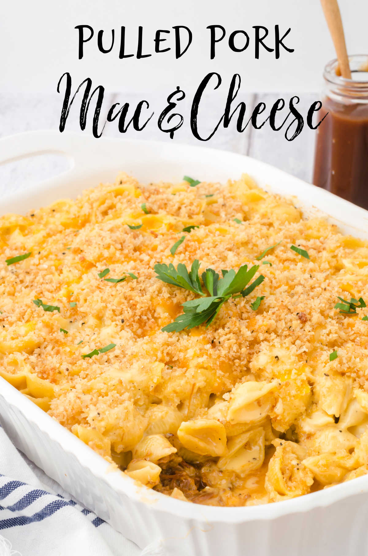 Closeup of a casserole dish filled with mac and cheese.