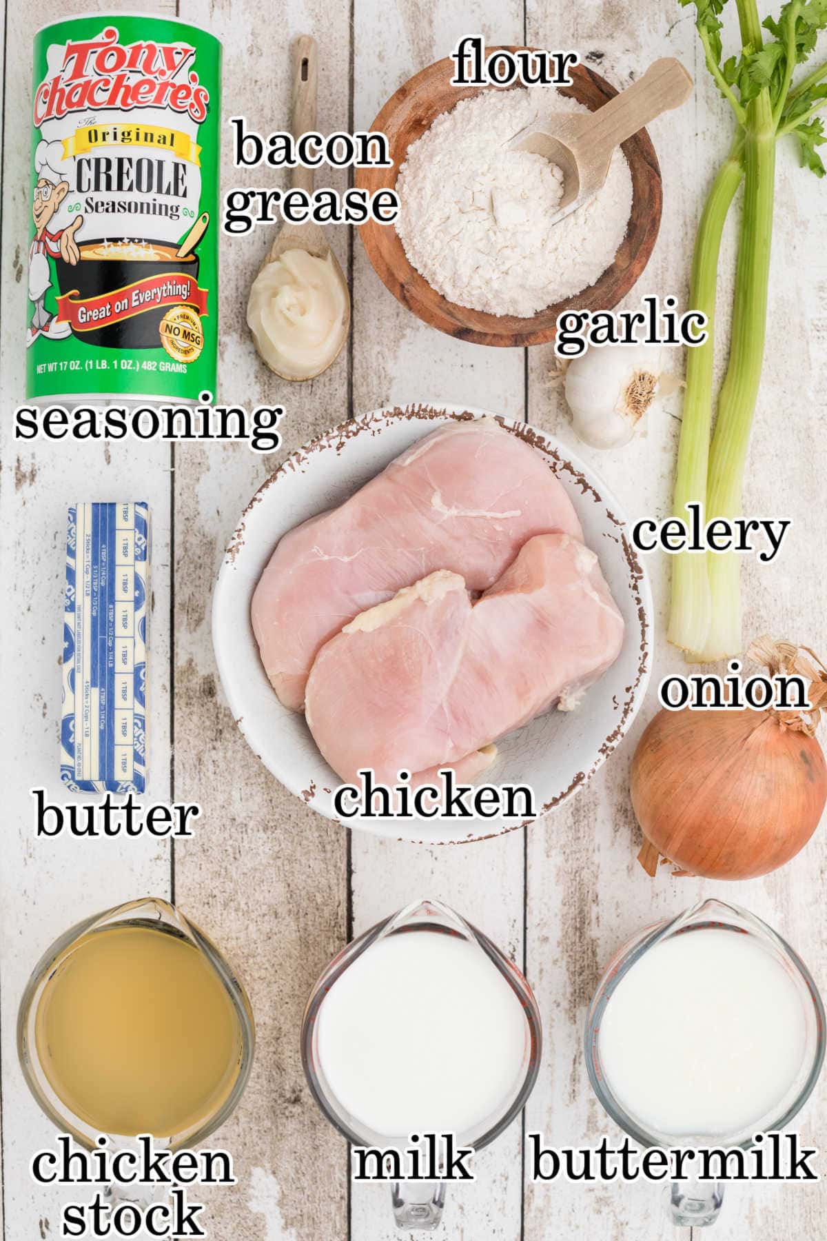 Labeled ingredients for smothered chicken.