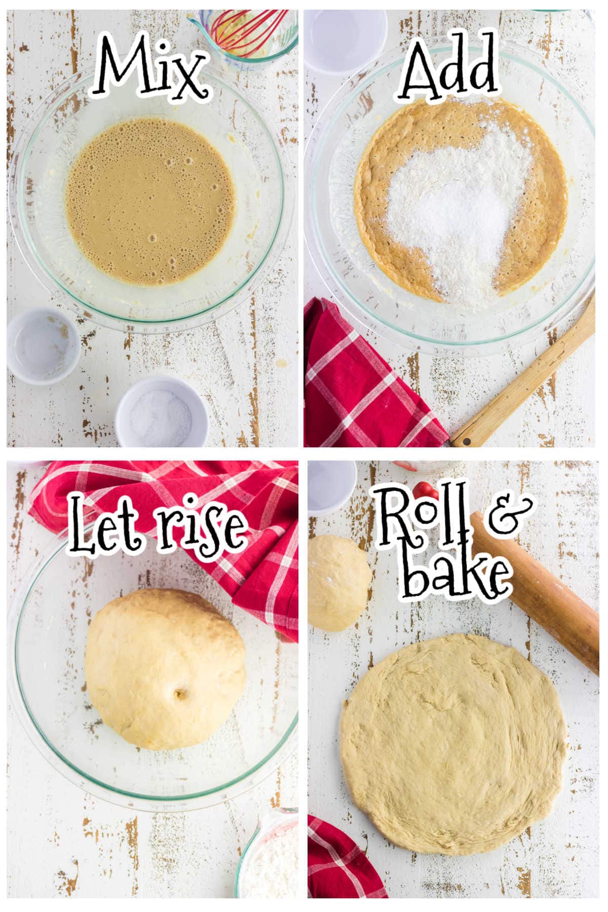 Step by step images showing how to make beer pizza dough.