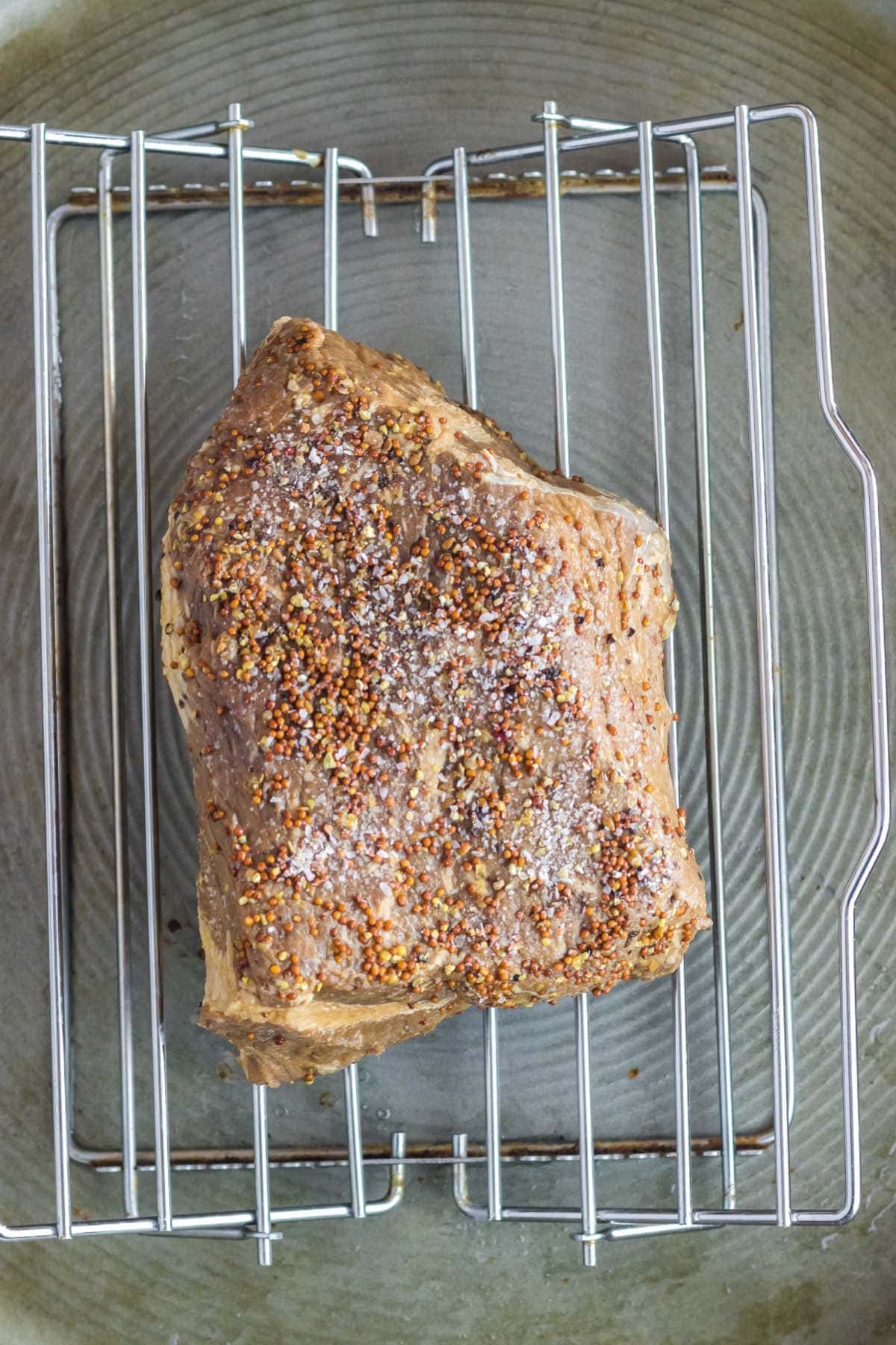 Overhead view showing how to place the beef on a rack for roasting.