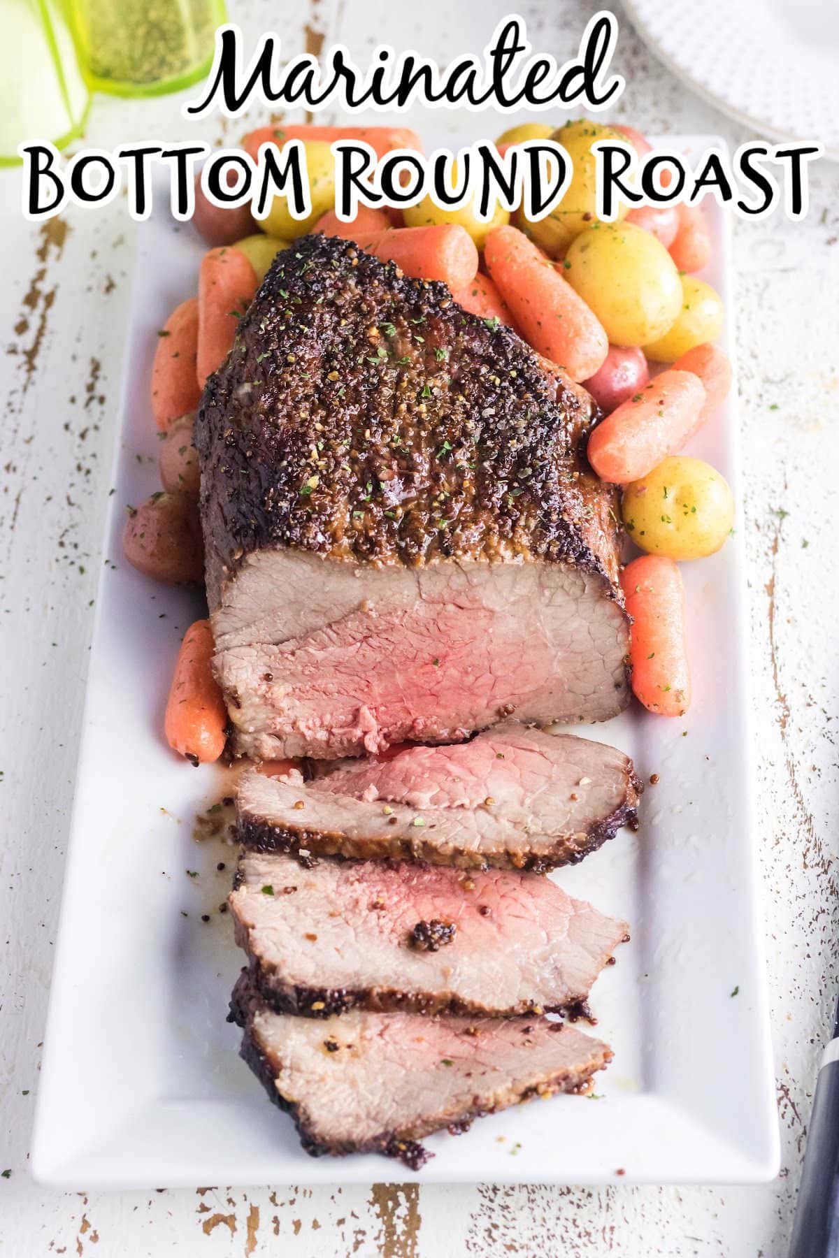 Sliced roast beef with vegetables. Title text overlay.