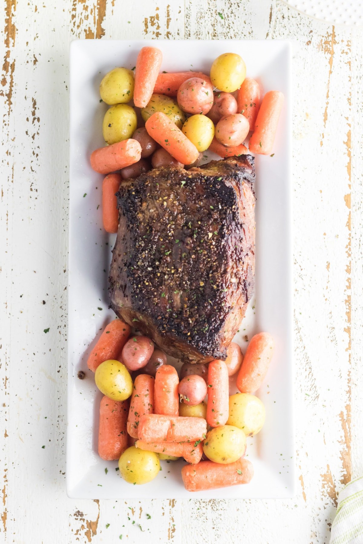 Overhead view of a cooked bottom round roast.