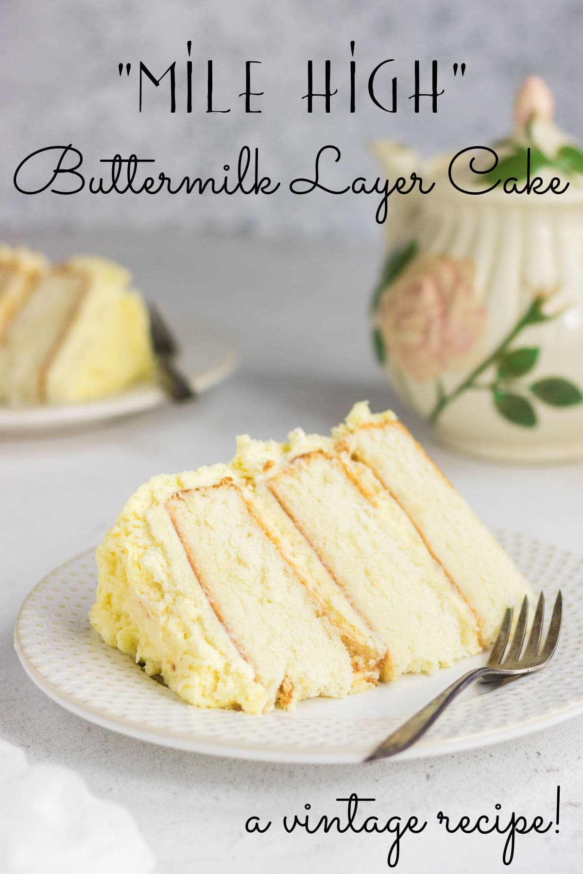 Slice of three layer cake with title text overlay.
