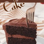 A slice of cake with a text overlay for Pinterest.