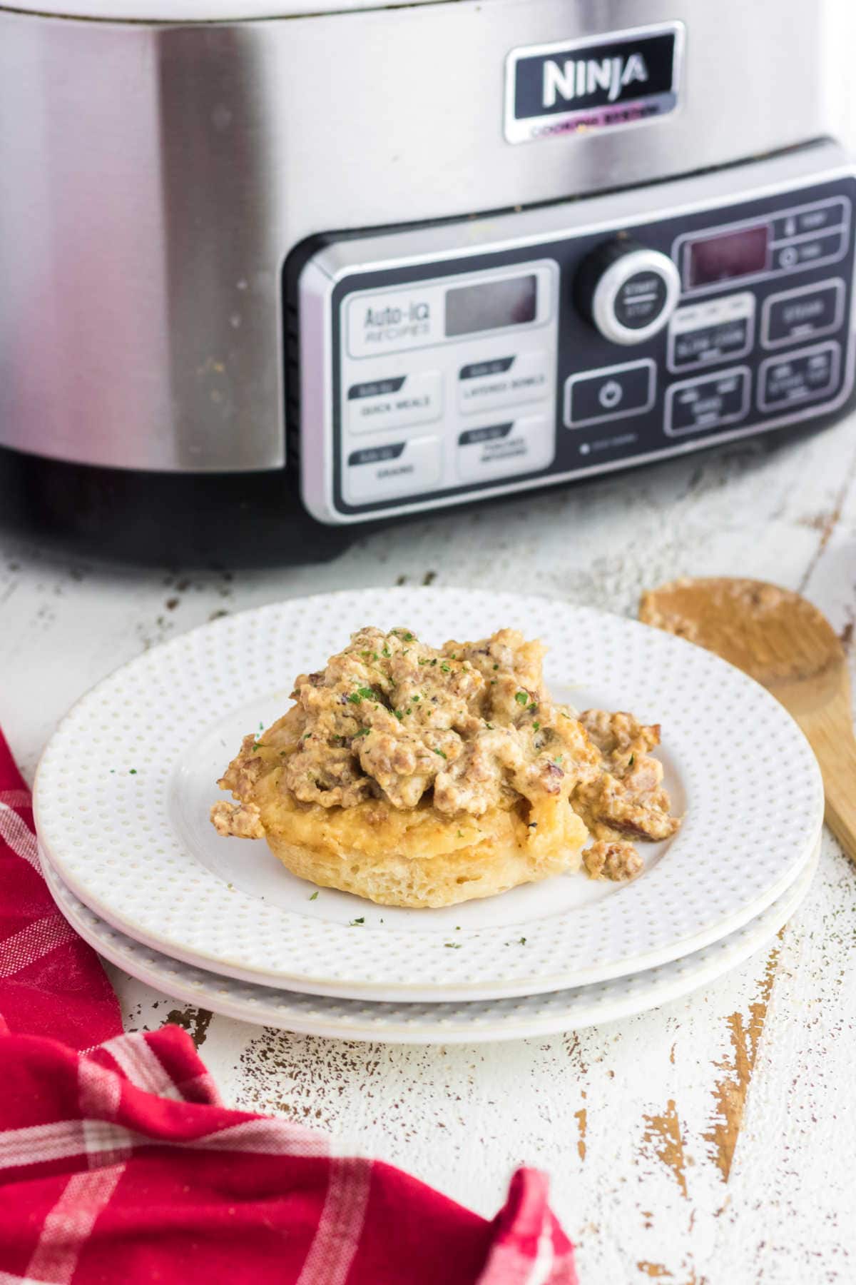 Serving of the biscuits and gravy on a white plate.