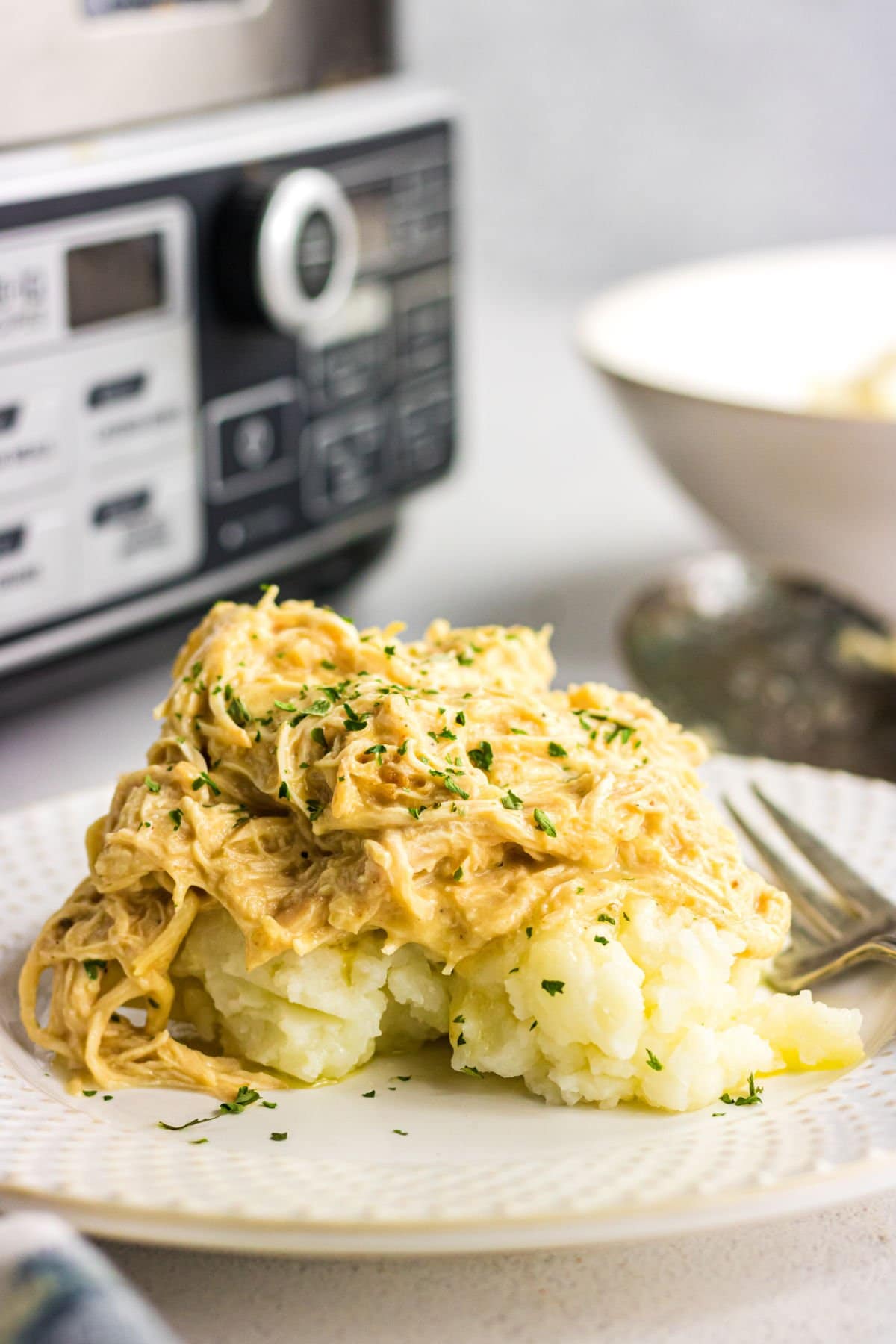 Chicken and gravy over mashed potatoes on a plate.