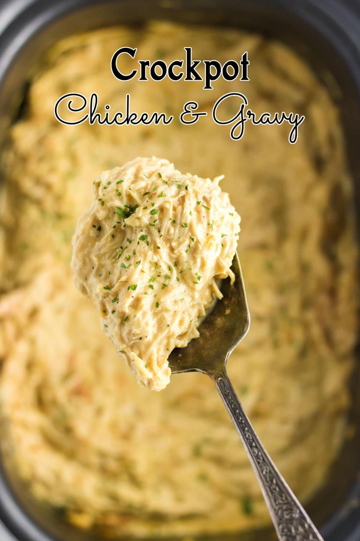 A spoonful of chicken and gravy being lifted from the crockpot. Title text overlay.