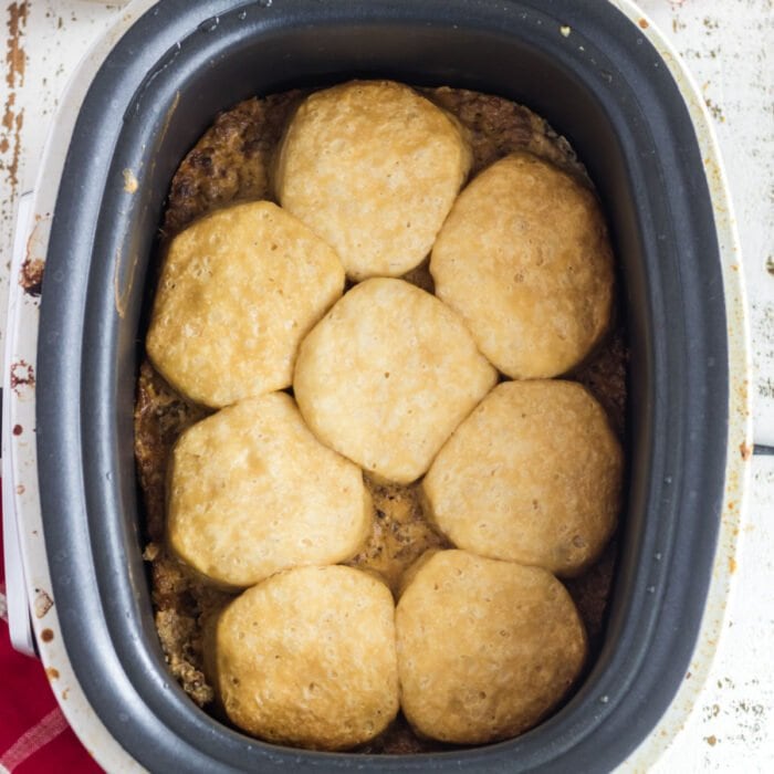 closeup view of biscuits in the slow cooker.