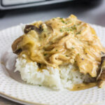 Closeup of chicken and rice for feature image.