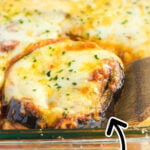 Eggplant Parmesan in a casserole dish with a text overlay for Pinterest.