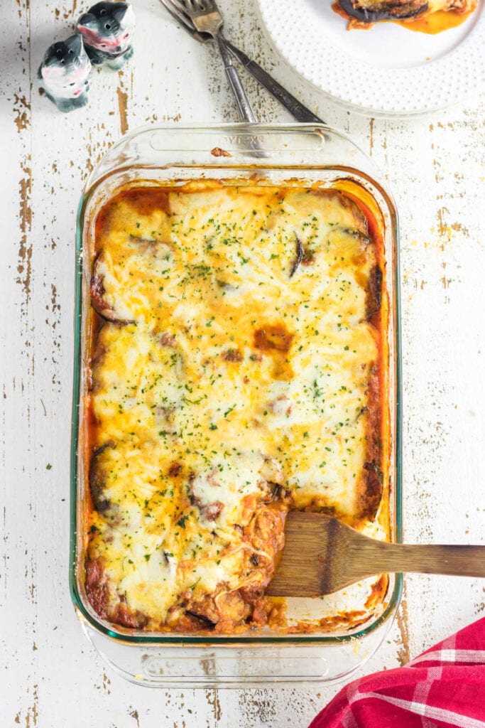 Overhead view of the eggplant recipe showing the cheesy topping.