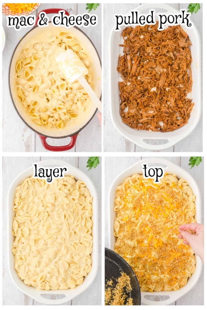 Step by step images showing how to make mac & cheese pulled pork.
