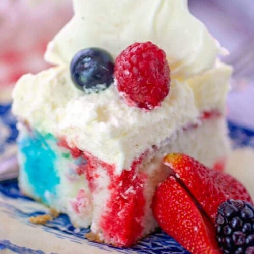 A serving of cake showing the red, white, and blue coloring.