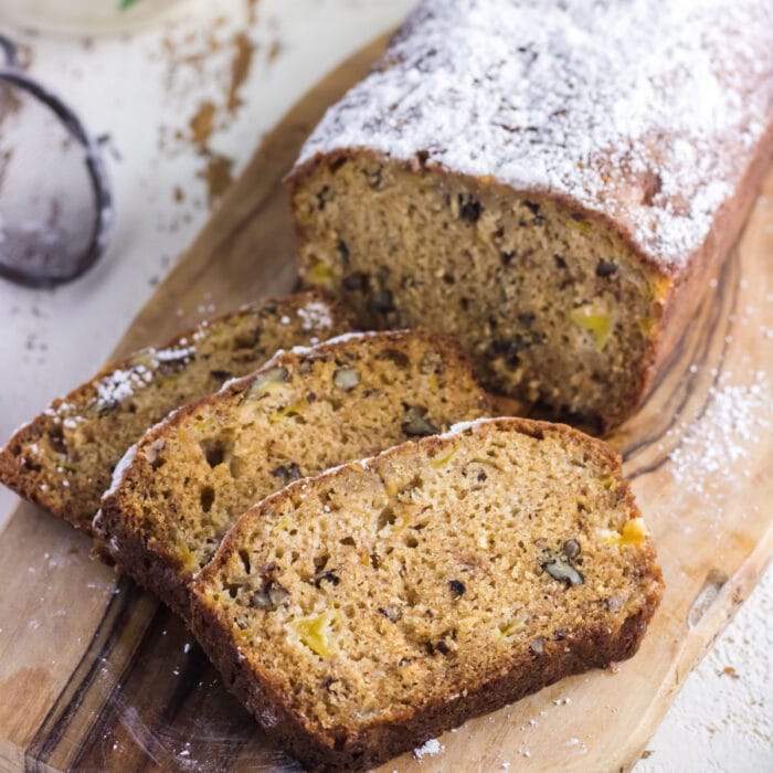 Closeup of the slices of peach bread.