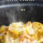 Serving of potatoes being lifted from a slow cooker. Text title overlay for Pinterest.