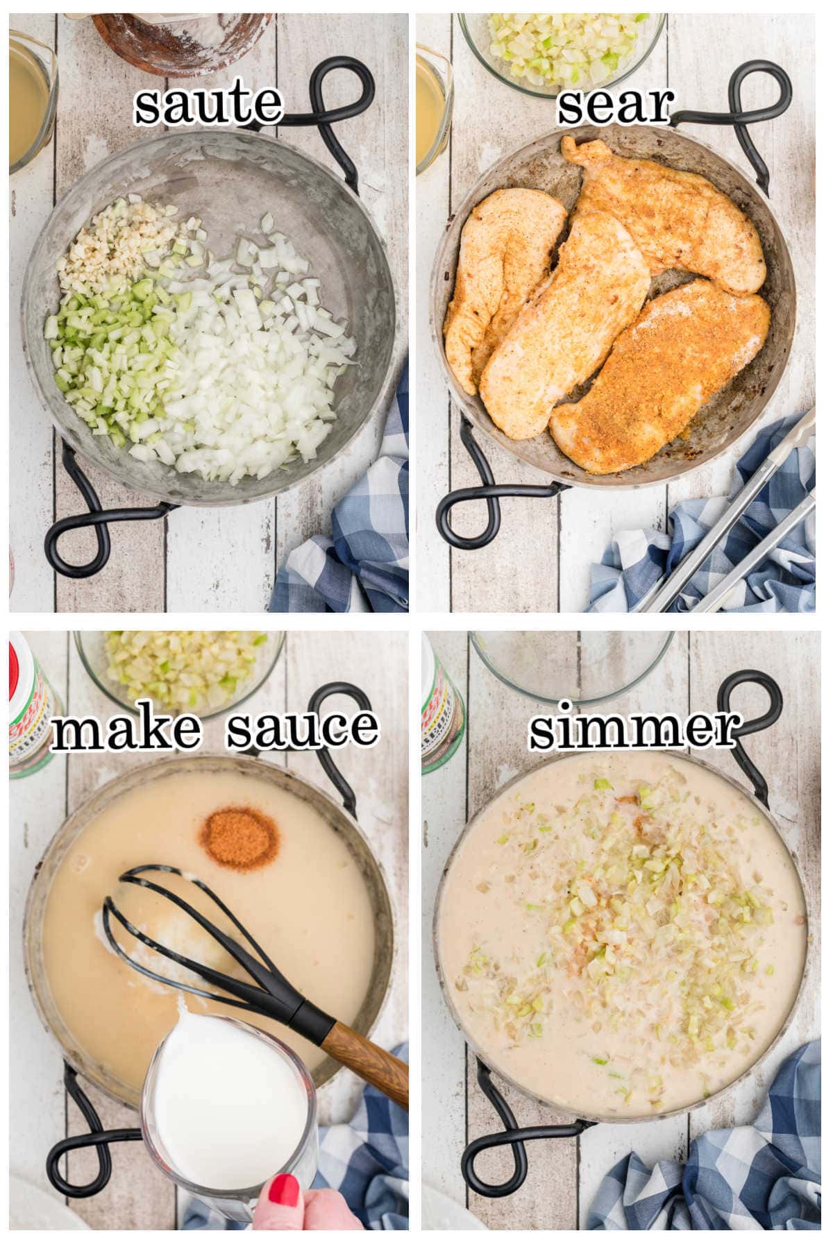 Steps for making smothered chicken.