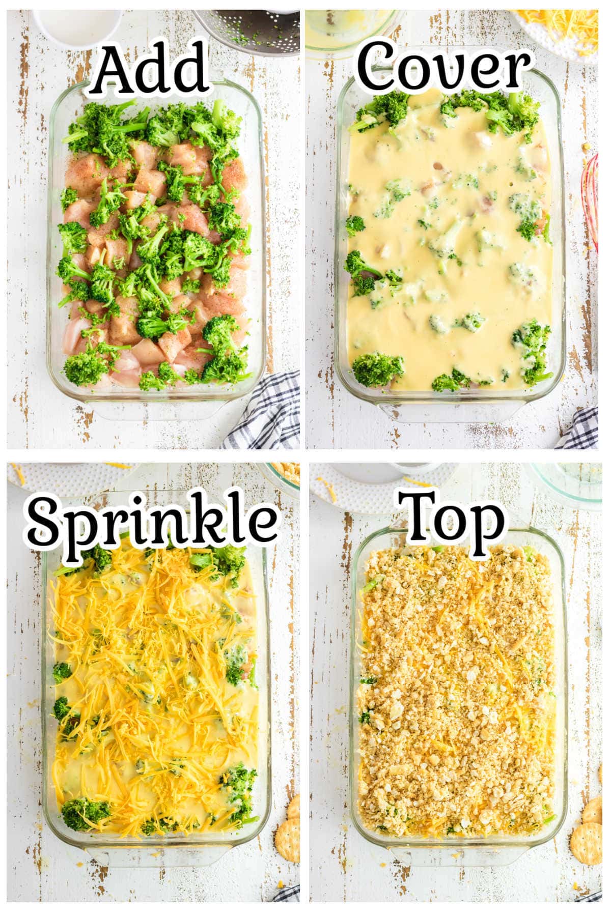 Step by step images for making broccoli cheddar chicken.