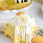 Closeup of a slice of pie with title text overlay for Pinterest.