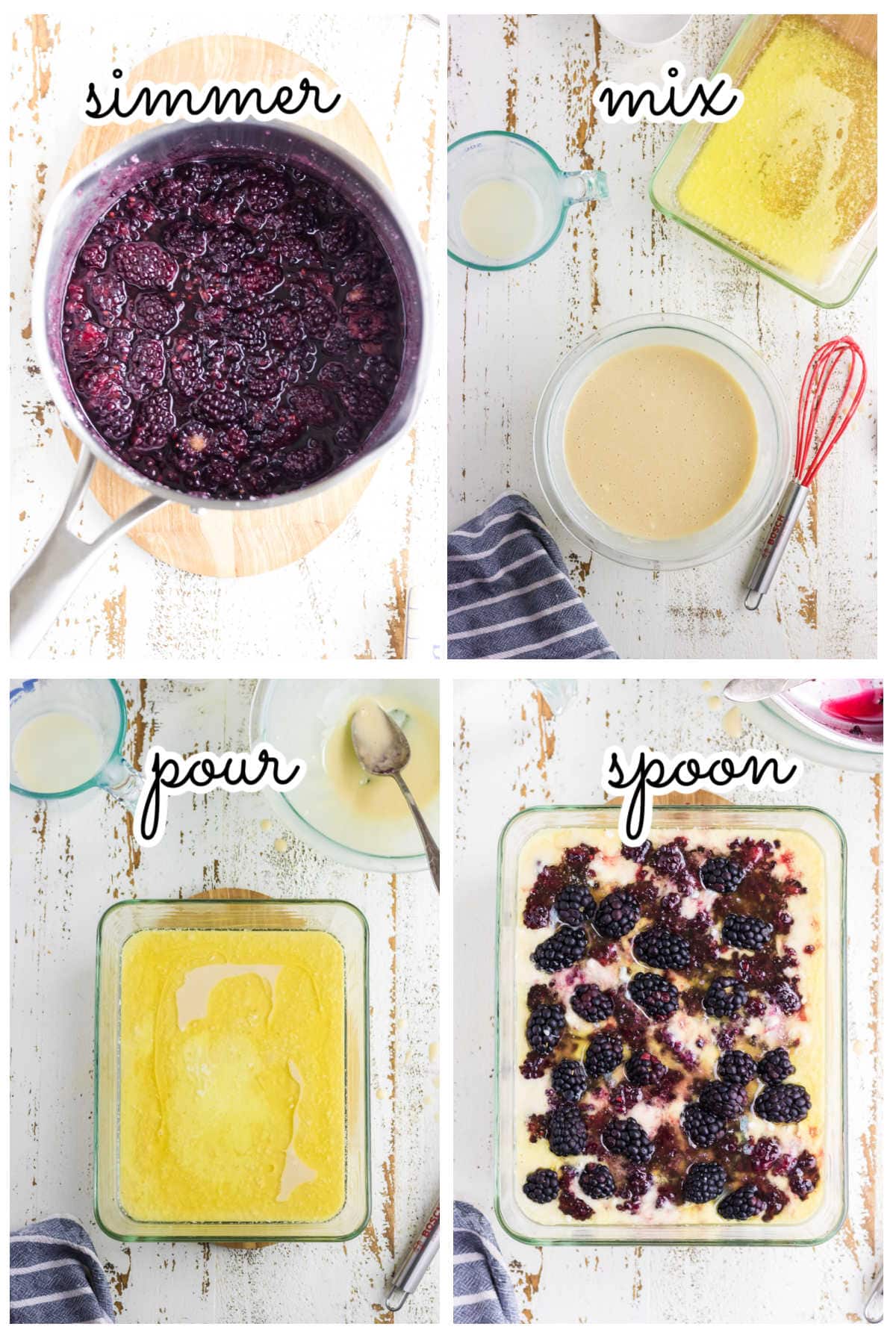 Steps showing how to make blackberry cobbler.