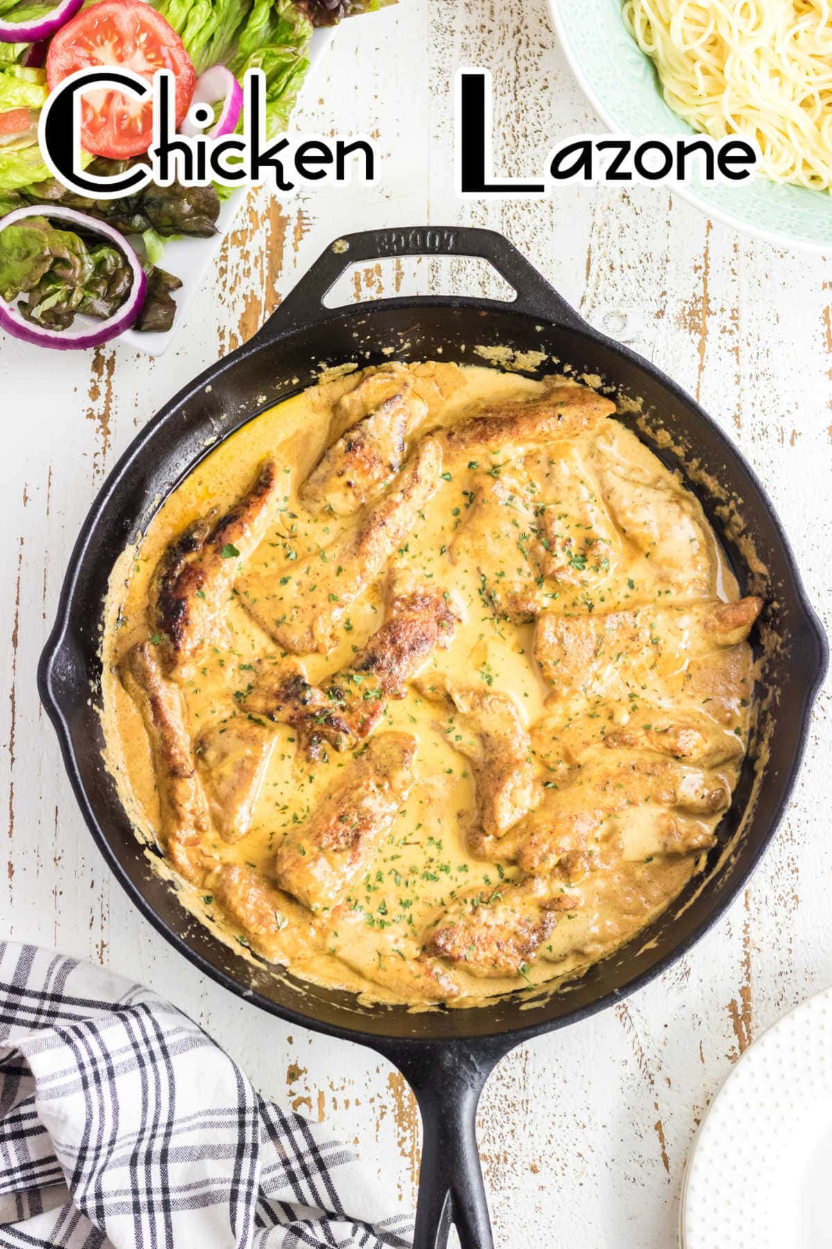 Overhead view of chicken in a skillet with a title text overlay.