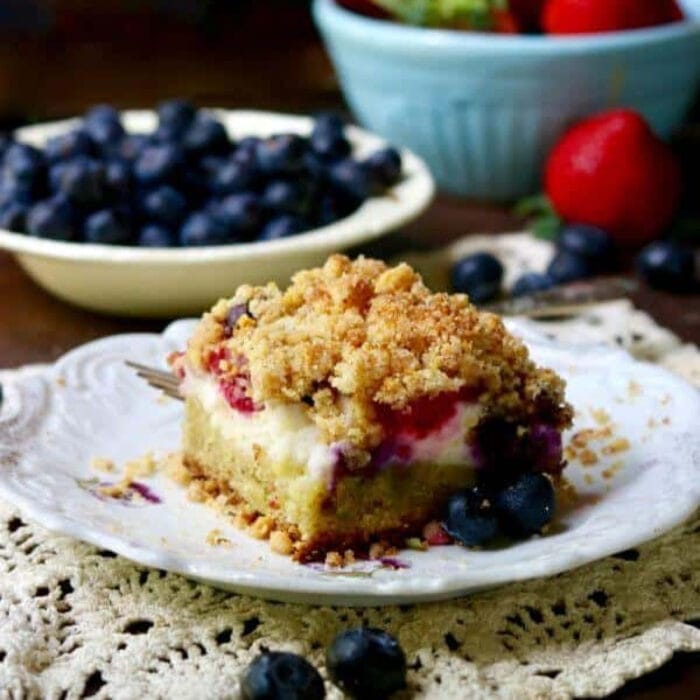 Closeup of coffee cake on a plate.