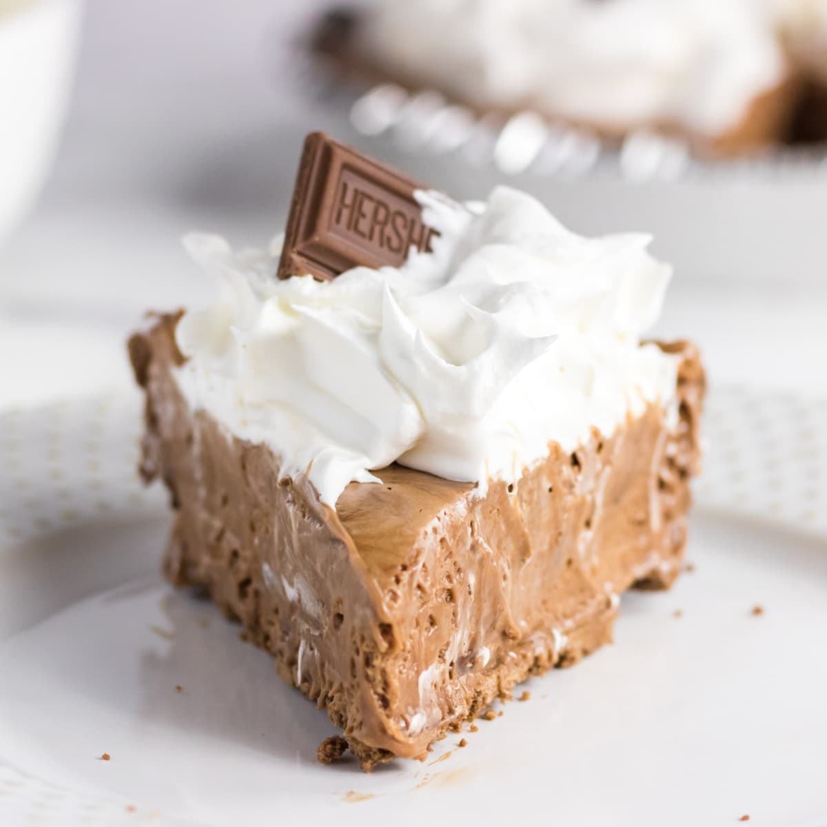 Closeup of a slice of chocolate pie.