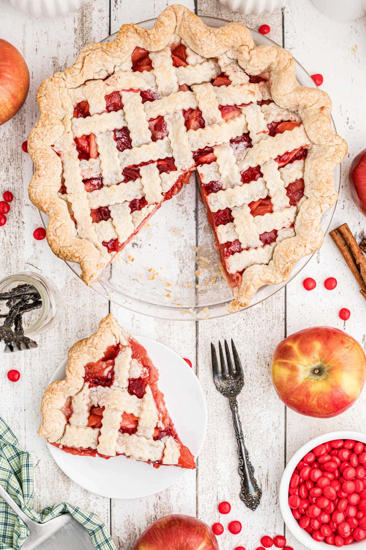 Overhead view of the pie with a slice removed.