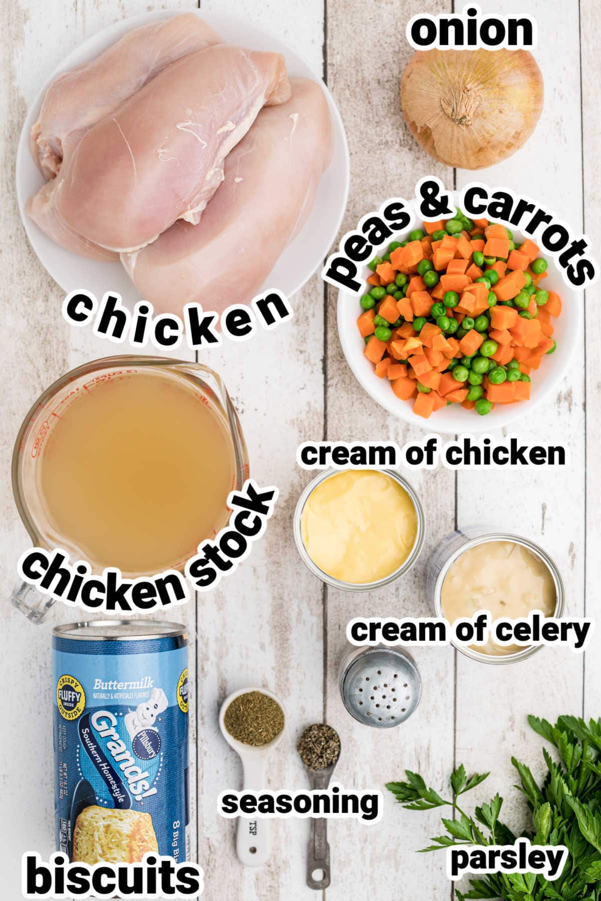 Labeled ingredients for chicken and dumplings.