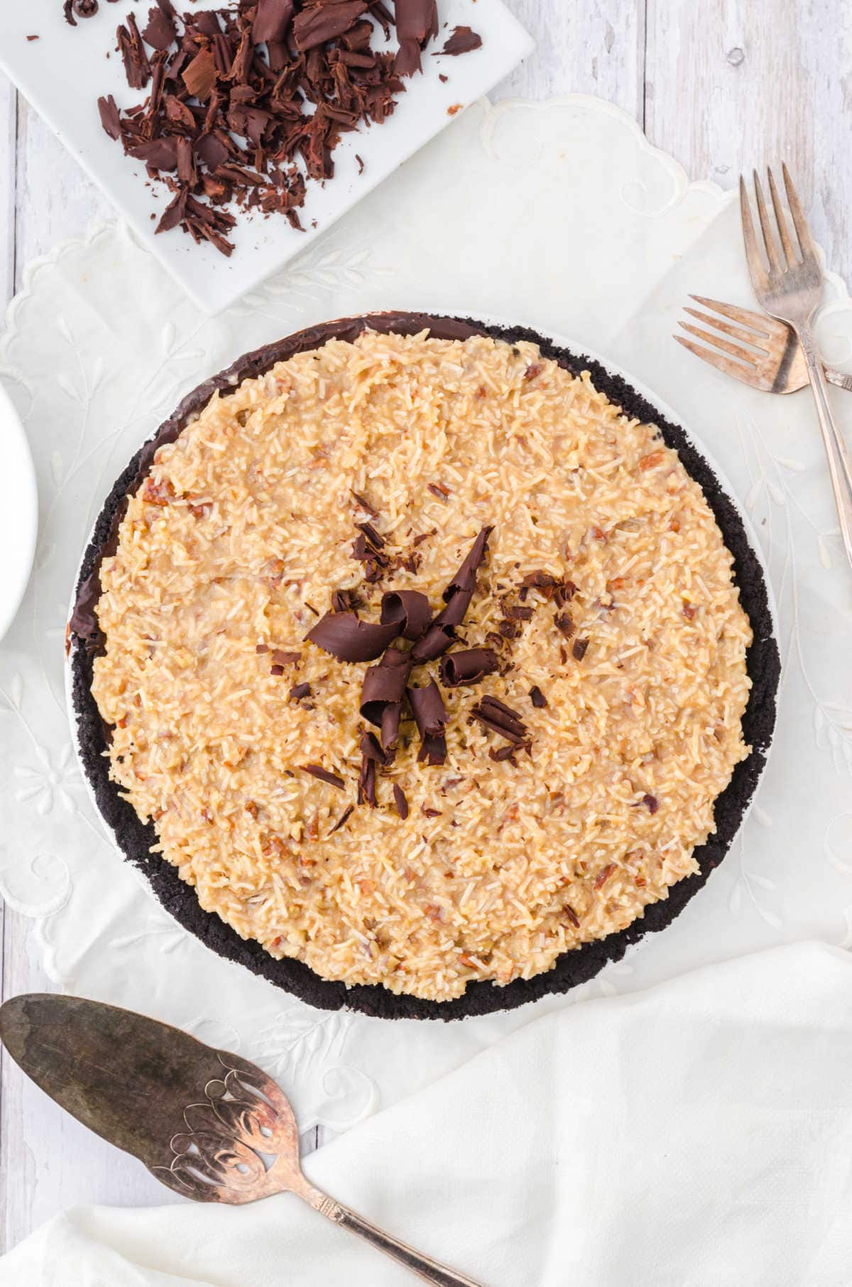 Overhead view of a whole German Chocolate pie.