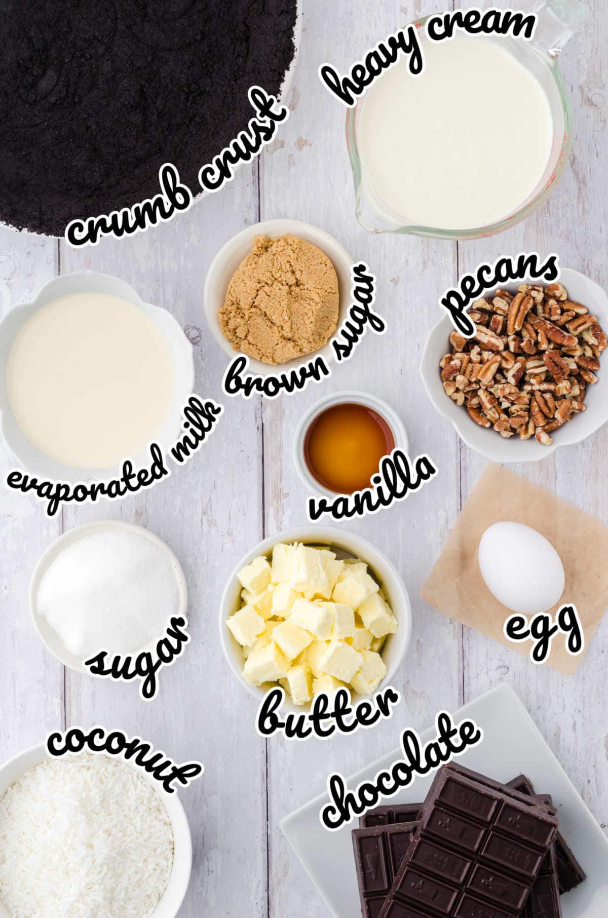 Labeled ingredients for German chocolate pie.