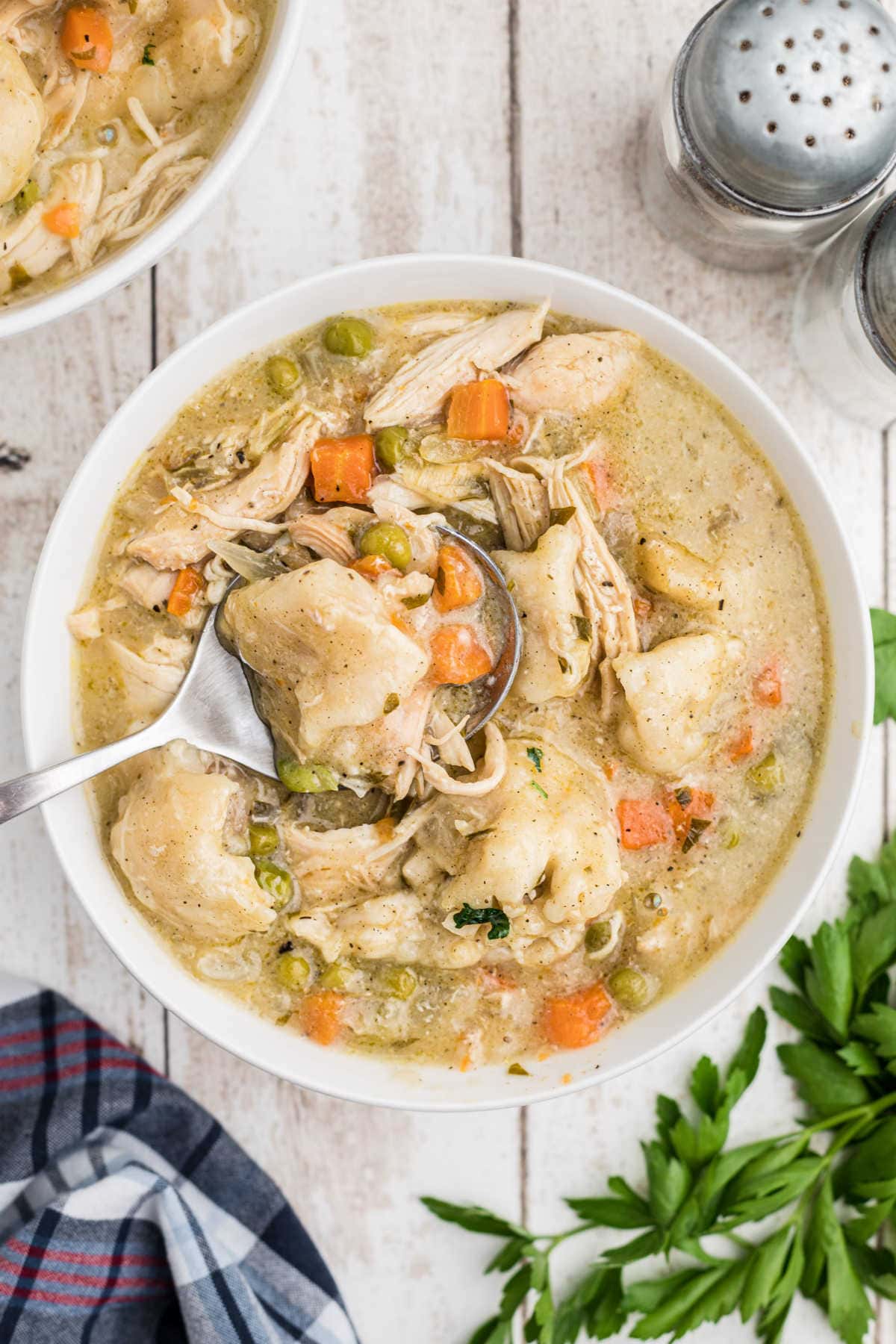 A spoonful of chicken and dumplings being lifted from a bowl.