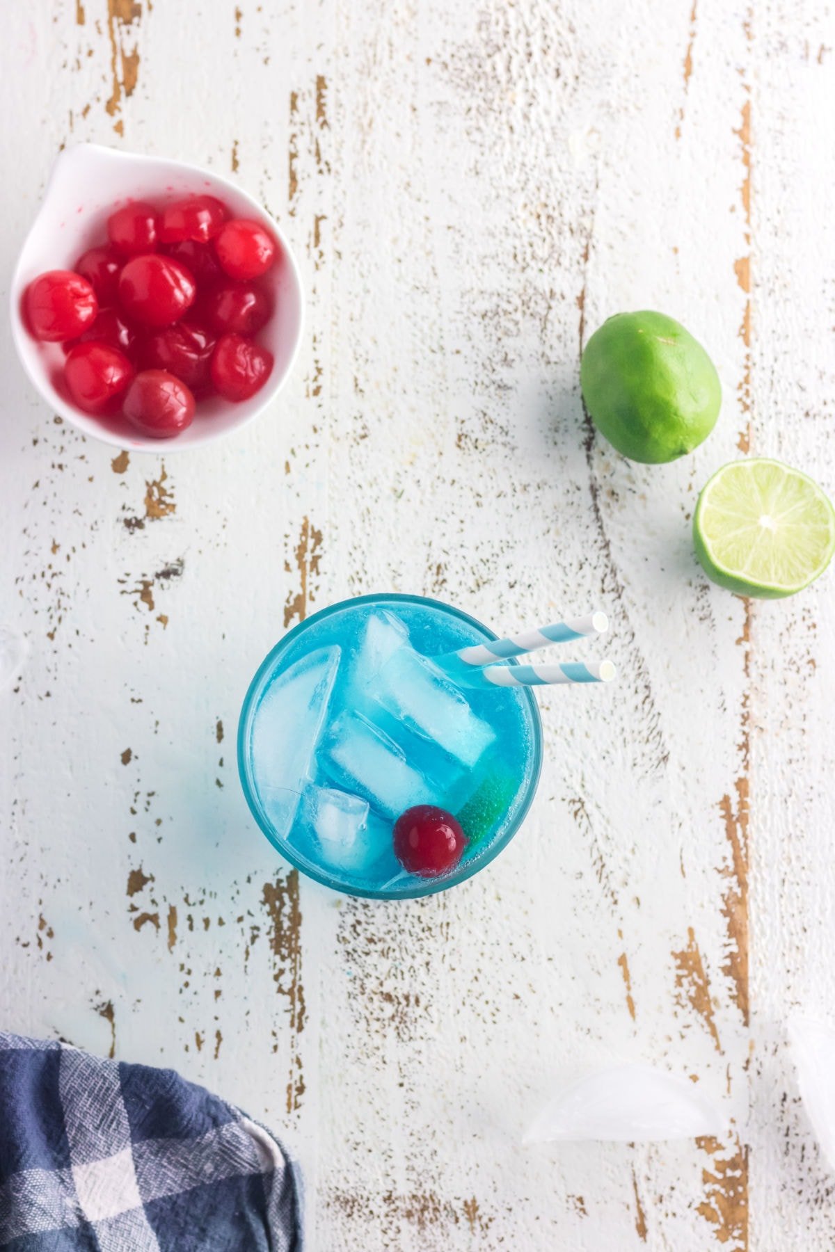 Overhead view of the cocktail with garnishes.